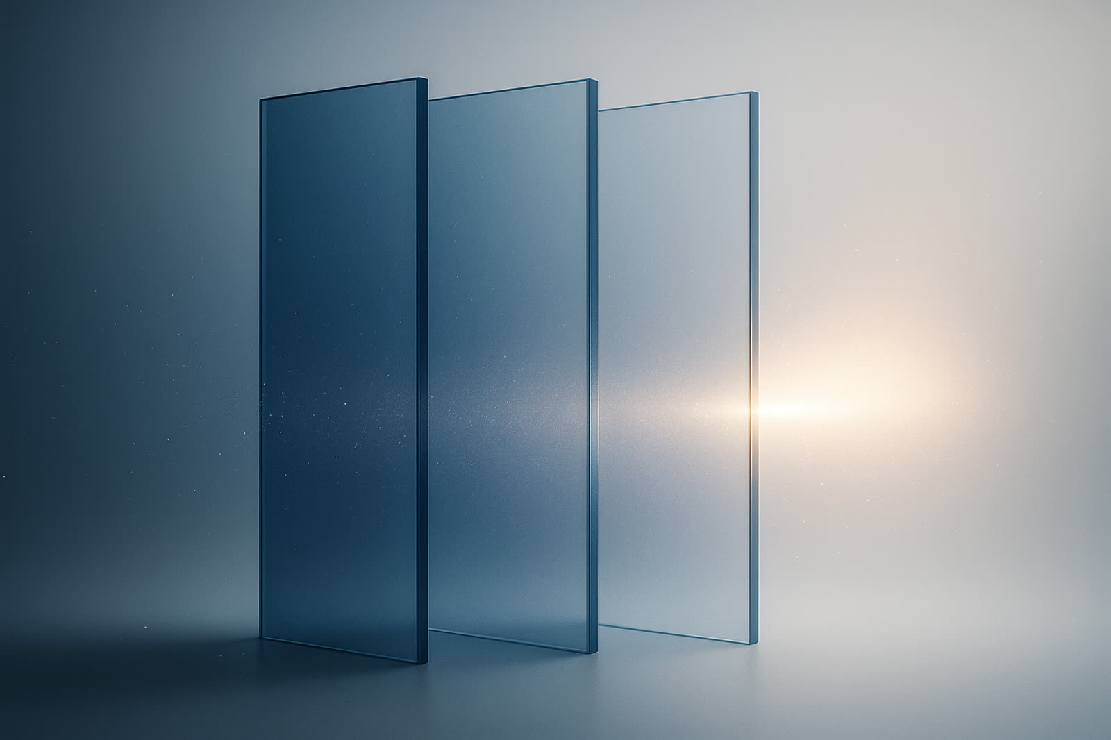 Three translucent panes with a beam passing through, emerging clarified.
