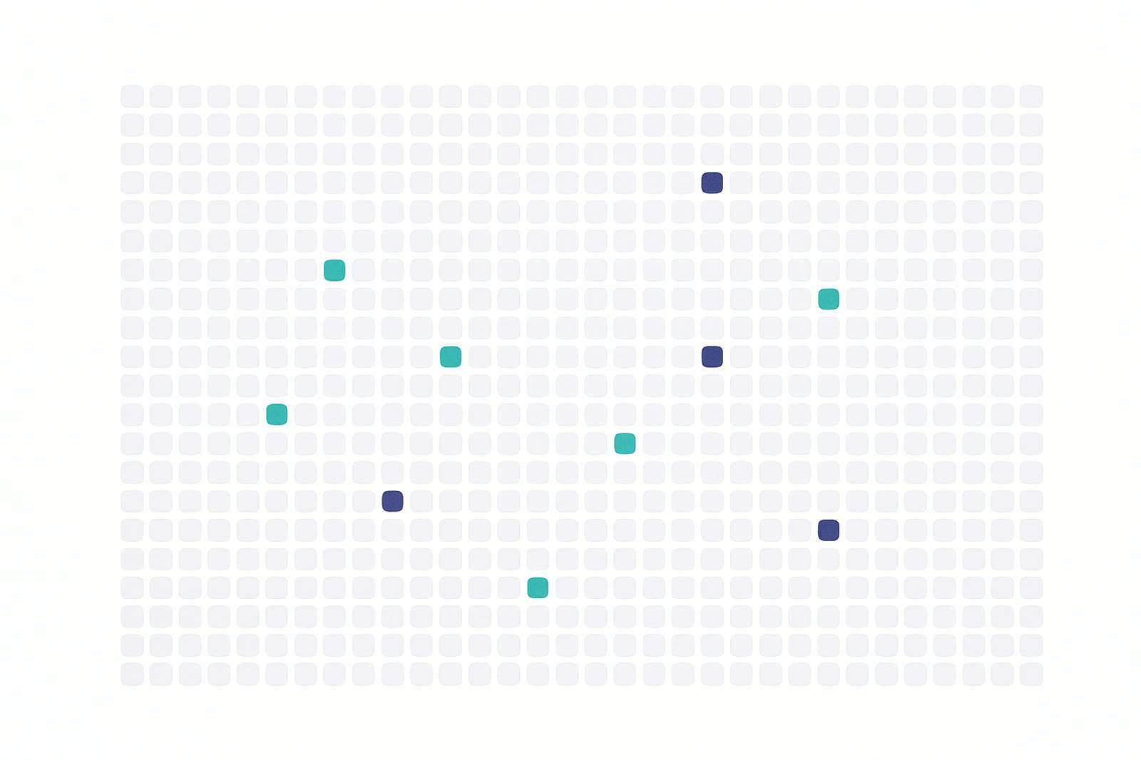 A dense grid of faint cells with a scattered few glowing — kept results among the discarded.